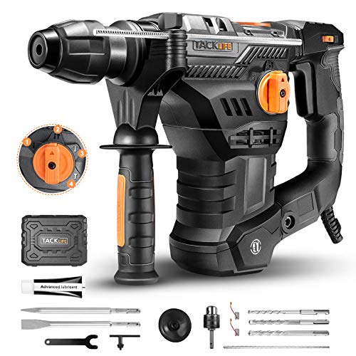 TACKLIFE 1-1/4 Inch SDS-Plus 12.3 Amp Rotary Hammer Drill, 7Joules Impact Energy, 4350BPM, 900RPM, 4 Functions, Vibration Damping Technology, Safety Clutch, Ideal for Concrete and Stones -TRH01A