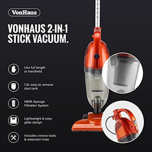 VonHaus 2 in 1 Stick & Handheld Vacuum Cleaner - 600W Corded Upright Vac with Lightweight Design, HEPA Filtration, Extendable Handle, Crevice Tool and Brush Accessories - Ideal for Hardwood Floors