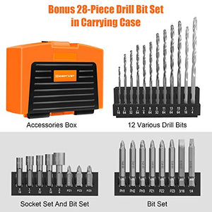 EnerTwist 20V Max Cordless Drill, 3/8 Inch Power Drill Set with Lithium Ion Battery and Charger, Variable Speed, 19 Positions and 28-Pieces Drill/Driver Accessories Kit, ET-CD-20