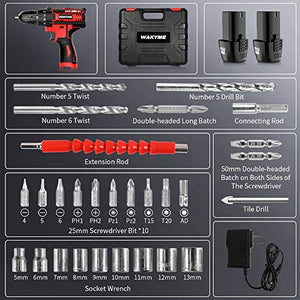 Cordless Drill Driver Kit with 2 Batteries, WAKYME 12.6V Power Drill 30Nm 18+3 Clutch, 3/8" Keyless Chuck, Variable Speed & Built-in LED Electric Screw Driver for Drilling Wall, Bricks, Wood, Metal