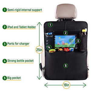 Car Seat Protector + Rear Seat Organizer for Kids - Waterproof & Stain Resistant Protective Backseat Kick Mat W/Storage Pockets & Tablet Holder - Baby Travel Kickmat & Front/Back Seat Cover Set