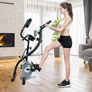 ATIVAFIT Stationary Exercise Bike Magnetic Upright Bike Monitor with Phone Holder, High Backrest, Adjustable Resistance Band for Arm & Leg