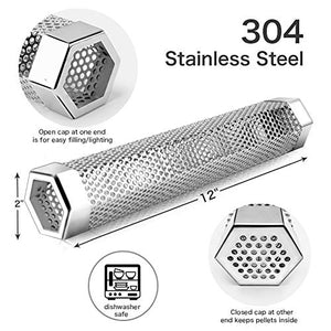 LANNEY Pellet Smoker Tube, 12'' Stainless Steel BBQ Wood Pellet Tube Smoker for Cold/Hot Smoking, Portable Barbecue Smoke Generator Works with Electric Gas Charcoal Grill Smokers