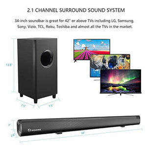 Sound Bar,WOHOME 2.1 Channel Soundbar with 5.5-inch Subwoofer,34-inch wired & Wireless Bluetooth 5.0 Speaker for TV,Optical/Aux/USB,work with HD & 4K & Smart TV,4 Speakers 120W Model S18