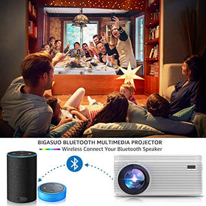 BIGASUO [2020 Upgrade] Bluetooth Full HD Projector Built in DVD Player, Portable Mini Projector 4500 Lumens Compatible with iPhone/iPad/TV/HDMI/VGA/AV/USB/TF SD Card, 720P Native 1080P Supported