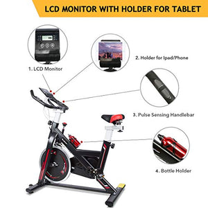 TELESPORT Indoor Cycling Bike, Cardio Workout Fitness Spinning Bike Quiet Belt Drive Exercise Stationary Bycicle, 35lbs Stable Flywheel/Adjustable Seat & Handle/LCD Monitor with Holder for Tablet