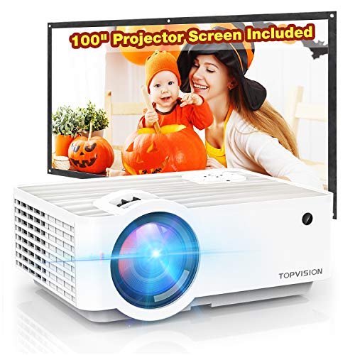 Video Projector, TOPVISION 5500L Portable Mini Projector with 100” Projector Screen, 1080P Supported, Built in HI-FI Speakers, Compatible with Fire Stick, HDMI, VGA, USB, TF, AV, PS4
