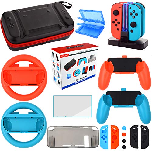 Accessories Kit for Nintendo Switch Games Bundle Wheel Grip Caps Carrying Case Screen Protector Controller (17 In 1)