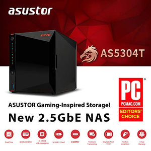 Asustor AS5304T | Gaming Inspired Network Attached Storage | 1.5GHz Quad-Core, Two 2.5GbE Port, 4GB RAM DDR4, 4GB eMMC Flash Memory | Personal Private Cloud (4 Bay Diskless NAS)