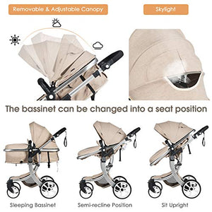 BABY JOY Baby Stroller, 2-in-1 Convertible Bassinet Sleeping Stroller, Foldable Pram Carriage with 5-Point Harness, Including Rain Cover, Net, Cushion Pad, Foot Cover, Diaper Bag