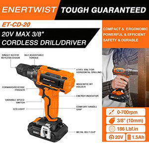 EnerTwist 20V Max Cordless Drill, 3/8 Inch Power Drill Set with Lithium Ion Battery and Charger, Variable Speed, 19 Positions and 28-Pieces Drill/Driver Accessories Kit, ET-CD-20