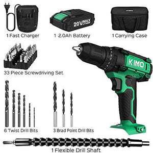 Cordless Drill Driver Kit - 20V Max Impact Drill Set w/Lithium-Ion Battery & Charger, 350 In-lb Torque, 3/8'' Keyless Chuck, 21+1+1 Clutch, Variable Speed, Built-in LED Drilling Wall Brick Wood Metal