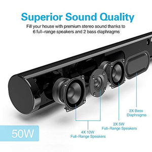 Sound Bar for TV, COSOOS 50W 39.4inch Soundbar with Bluetooth 4.2, Remote Control, 2.1 Channel, Support HDMI ARC, Optical, RCA, 3.5mm Aux, USB & Subwoofer Input, Wall Mountable, Detachable Design