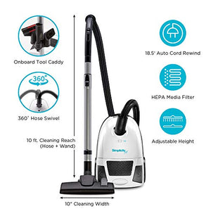 Canister Vacuum Cleaner | Simplicity Jill Compact Vacuum for Hardwood and Rugs | Dual Certified Hepa Filtration | Bagged