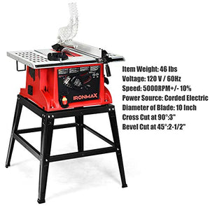 Goplus Table Saw, 10-Inch 15-Amp Portable Table Saw, 36T Blade, Cutting Speed Up to 5000RPM, 45º Double-Bevel Cut, Aluminum Table, Benchtop Table Saw with Metal Stand, Sliding Miter Gauge