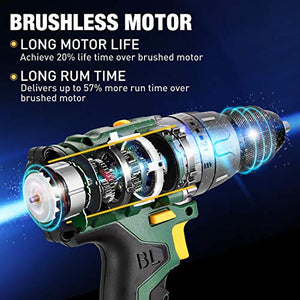 Cordless drill, Brushless 20V 1/2” Drill Driver, 2x2000mAh Batteries, 530 In-lbs Torque, 21+1 Torque Setting, Fast Charger 2.0A, 2-Variable Speed, 33pcs Accessories