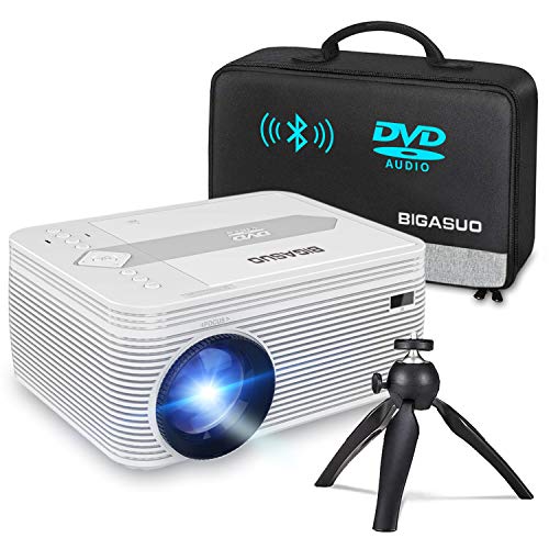 BIGASUO [2020 Upgrade] Bluetooth Full HD Projector Built in DVD Player, Portable Mini Projector 4500 Lumens Compatible with iPhone/iPad/TV/HDMI/VGA/AV/USB/TF SD Card, 720P Native 1080P Supported