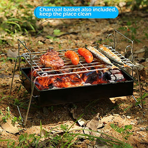 IMAGE Charcoal Grill Camp Grill Mini Grill Folding Campfire Grill Portable Grill Lightweight Steel Mesh Barbecue Grill Camping Grill for Outdoor Camping Cooking Hiking Tailgating Backpacking Party