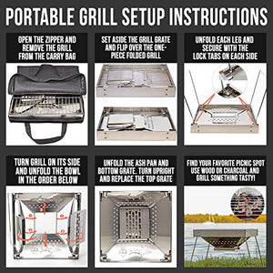 Portable Charcoal Grill for Camping Cooking with Carry Bag, Small BBQ Pit, Stainless Steel Mini Folding Barbecue, Table Top Foldable Grilling Stove for Travel, Picnic, RV, Fishing, Hunting or Job Site