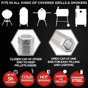 LIZZQ Premium Pellet Smoker Tube 12 inches - 5 Hours of Billowing Smoke - for Any Grill or Smoker, Hot or Cold Smoking - An Easy and Safe Way to Provide Smoking - Stainless Steel 304 - Free eBook Grilling Ideas and Recipes