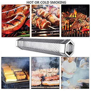 Pellet Smoker Tube -12" Stainless Steel Wood Tube Smoke for Cold/Hot Smoking for All Electric, Gas, Charcoal Grills or Smokers - Ideal for Smoking Cheese, Fish, Pork, Beef, Nuts, Bonus Brush, H